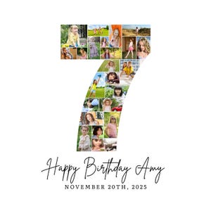 7歳の誕生日フォトコラージュテンプレート、数字7のコラージュ、7歳のコラージュ、彼女へのカスタムギフト、7歳の誕生日、数字コラージュ、Canvaテンプレート