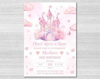 May include: Pink invitation with a watercolor illustration of a pink castle in the clouds. The text reads "Once upon a time" and "Please join us to celebrate Madison's 2nd Birthday". The invitation includes the date, time, and location of the party.