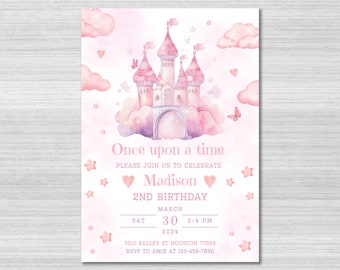 Modèle d'invitation d'anniversaire de princesse, invitation de princesse, invitation de fête de princesse, petit château de princesse, invitation d'anniversaire de fille