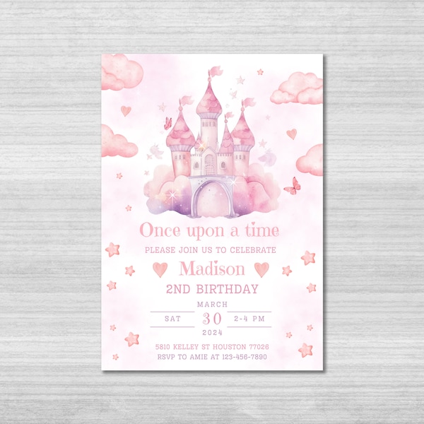 Modello di invito compleanno principessa, invito principessa, invito festa principessa, castello della piccola principessa, invito compleanno ragazza