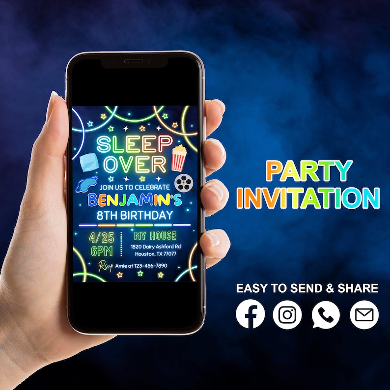 May include: A neon-colored party invitation for an 8th birthday sleepover. The invitation features the text "Sleep Over" in neon letters, a movie reel, a popcorn bucket, and a sleeping mask. The invitation also includes the date, time, and location of the party.