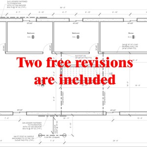 May include: A black and white architectural blueprint of a house plan with the text "Two free revisions are included". The plan shows a house with three rooms, a bedroom, a bonus room, and a living room. The plan includes measurements in feet and inches.