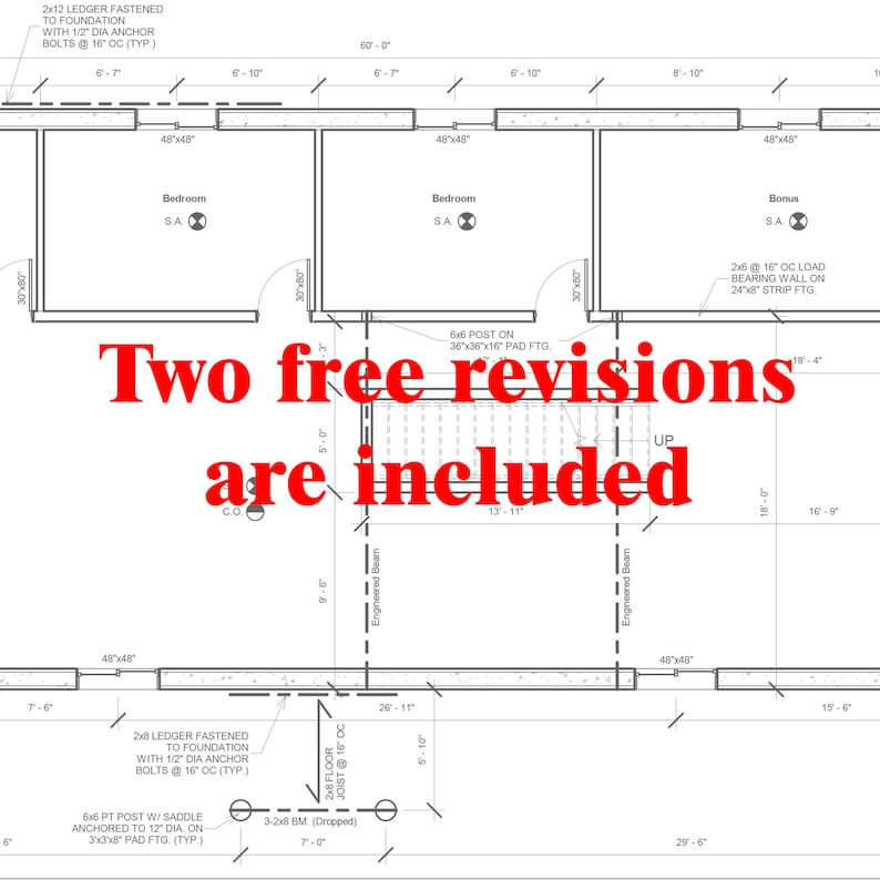 May include: A black and white architectural blueprint of a house plan with the text "Two free revisions are included". The plan shows a house with three rooms, a bedroom, a bonus room, and a living room. The plan includes measurements in feet and inches.