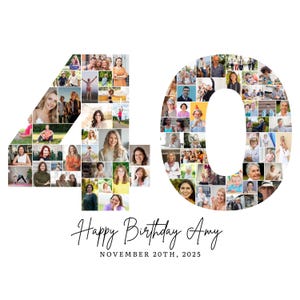 Op de afbeelding: Een witte achtergrond met een fotocollage in de vorm van het cijfer 40, gevuld met diverse foto's. Daaronder staat de tekst "Happy Birthday Amy" en "November 20th, 2025".