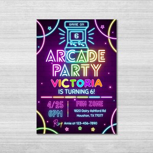 Arcade Birthday Invitation Template, Arcade Invitation, Neon Glow Invite, Arcade Party, Girls Gamer Party, Video Game Party, Editable Canva