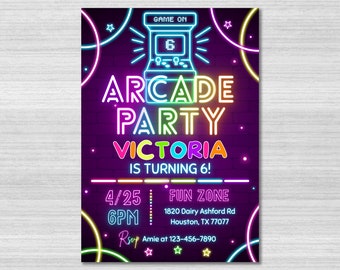 Arcade Birthday Invitation Template, Arcade Invitation, Neon Glow Invite, Arcade Party, Girls Gamer Party, Video Game Party, Editable Canva