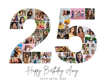 Plantilla de collage de fotos para el 25.º cumpleaños, collage del número 25, regalo personalizado para ella, collage de números, plantilla de Canva