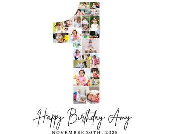 1st Birthday Photo Collage Template, Number 1 Collage, 1st Collage, Custom Gift for her, 1st Birthday, Number Collage, Canva Template