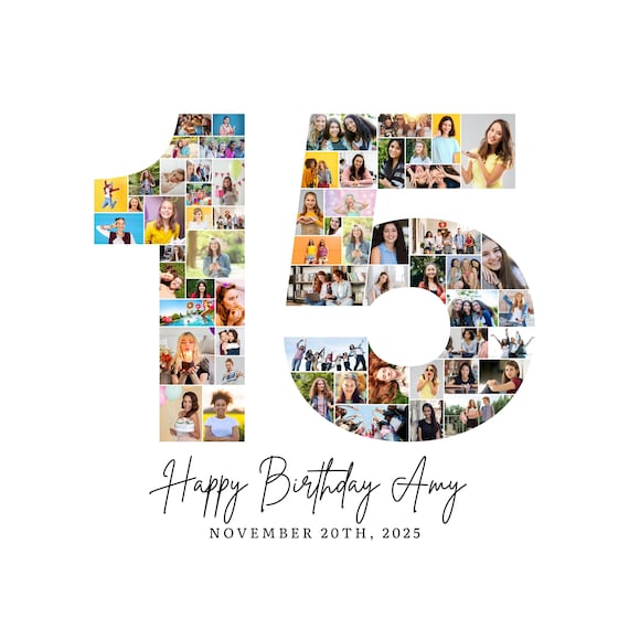 15th Birthday Photo Collage Template, Number 15 Collage, 15th Collage, Custom Gift for her, 15th Birthday, Number Collage, Canva Template