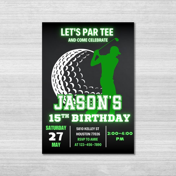 Modèle d'invitation d'anniversaire de golf, invitation de golf, soirée phosphorescente, invitation à une soirée de golf garçon, fête d'anniversaire sportive, tee-shirt d'égalisation, toile