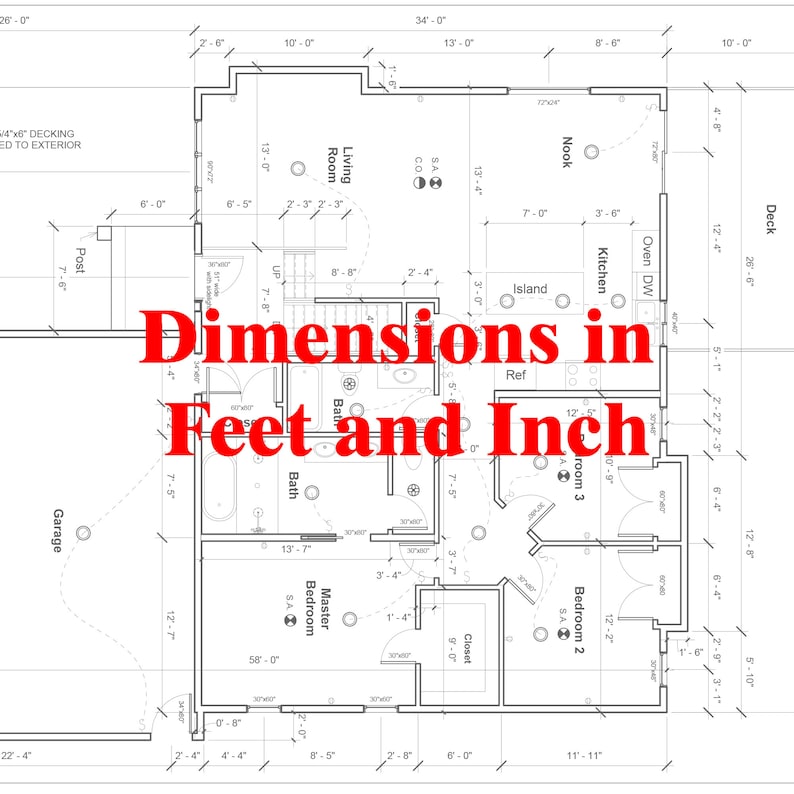 May include: A black and white floor plan of a house with dimensions in feet and inches. The plan shows a living room, kitchen, bathroom, master bedroom, and two other bedrooms. The plan also includes a deck, garage, and a post.