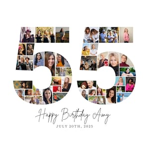 May include: A white background features a photo collage in the shape of the number 55. The collage is composed of numerous small photos of people. Below the numbers is the text "Happy Birthday Amy" and "JULY 20TH, 2025".