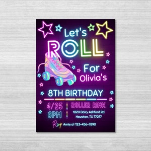 Invitación de cumpleaños para fiesta de patinaje, invitación para fiesta, niña, niño, patinaje sobre ruedas, luces de neón retro, plantilla de Evite editable, Canva editable