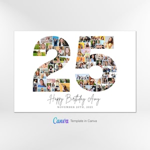 25th Birthday Photo Collage Template, Number 25 Collage, 25th Collage, Custom Gift for her, 25th Birthday, Number Collage, Canva Template image 2