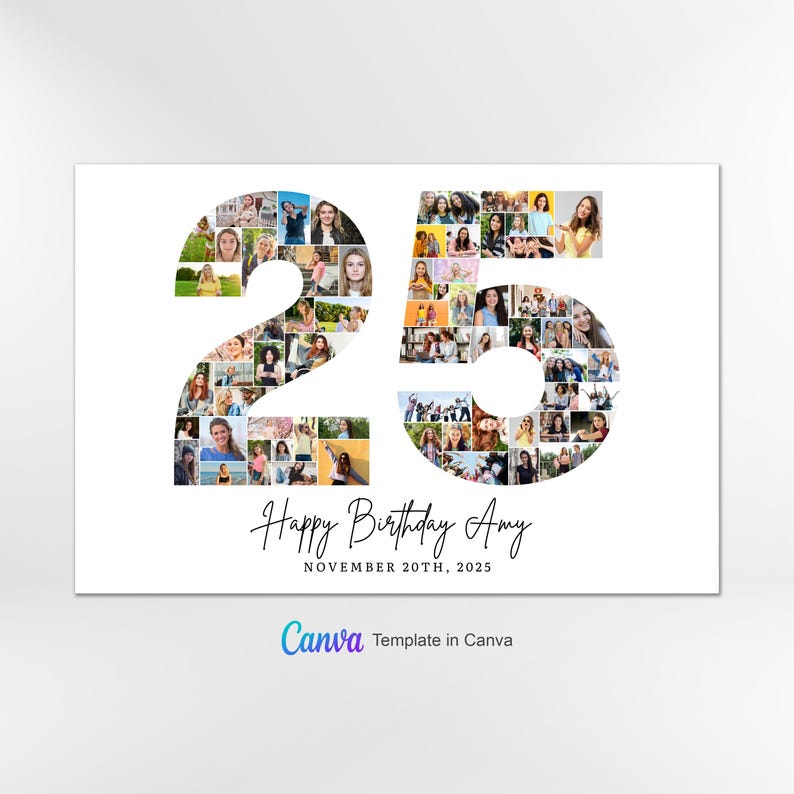 25th Birthday Photo Collage Template, Number 25 Collage, 25th Collage, Custom Gift for her, 25th Birthday, Number Collage, Canva Template image 2