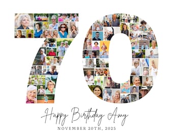 Plantilla de collage de fotos para 70 cumpleaños, collage del número 70, regalo personalizado para ella, collage de números, plantilla de Canva