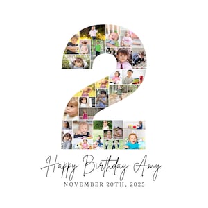 2歳の誕生日フォトコラージュテンプレート、数字2のコラージュ、2歳のコラージュ、彼女へのカスタムギフト、2歳の誕生日、数字コラージュ、Canvaテンプレート