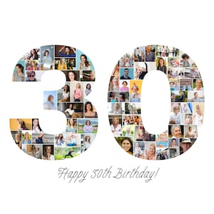 Modèle de collage photo 30e anniversaire, collage numéro 30, collage 30e, cadeau personnalisé pour elle, 30e anniversaire, collage de numéros, modèle de toile