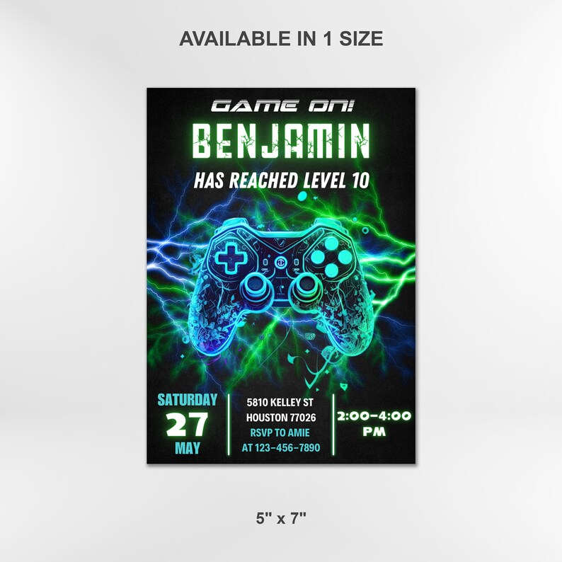 May include: A black and green video game themed invitation for a birthday party. The invitation features a blue and green video game controller with lightning bolts in the background. The text on the invitation reads "Game On! Benjamin Has Reached Level 10". The invitation also includes the date, time, and location of the party.