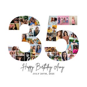 Könnte beinhalten: Auf weißem Hintergrund befindet sich eine Fotocollage in Form der Zahlen 3 und 5, gefüllt mit verschiedenen Fotos. Darunter steht der Text "Happy Birthday Amy" und "July 20th, 2025".