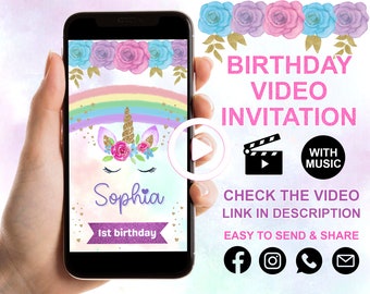 Unicorn Birthday Invitation, Unicorn Party Invite, Rainbow Unicorn Party, Editable Invitation, Video Invitation Template, Girl Birthday