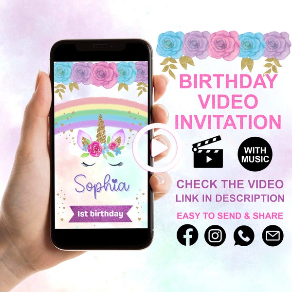 Unicorn Birthday Invitation, Unicorn Party Invite, Rainbow Unicorn Party, Editable Invitation, Video Invitation Template, Girl Birthday