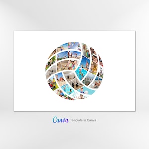 以下が含まれることがあります： バレーボールの形に配置された写真のコラージュ。写真には、子供や大人たちがさまざまなスポーツをして、屋外でのアクティビティを楽しんでいる様子が写っています。