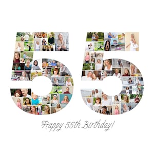 Plantilla de collage de fotos para el 55.º cumpleaños, collage del número 55, regalo personalizado para ella, collage de números, plantilla de Canva