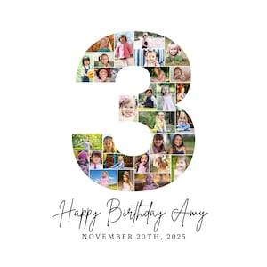 Plantilla de collage de fotos para el tercer cumpleaños, collage del número 3, regalo personalizado para ella, collage de números, plantilla de Canva