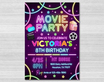 Movie Birthday Invitation Template, Movie Invitation, Movie Theater Invitation, Movie Ticket, Cinema Birthday Invite, Glow Party, Canva
