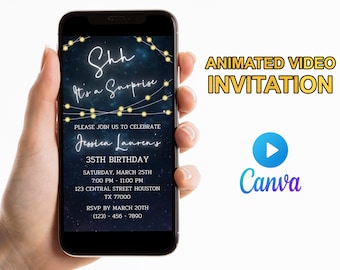 Surprise Birthday Video Invitation, Electronic Party Invitation, Any Age, Shh It&#39;s a Surprise, Night Lights Invite, Digital Black Theme