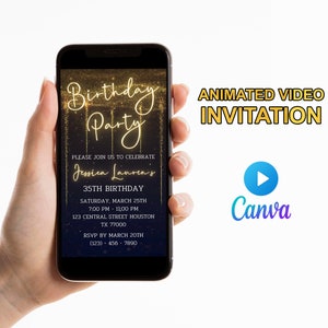 Birthday Video Invitation, Electronic Party Invitation, Any Age, Dinner Invite, Editable Evite Template, Digital Party Mobile, Gold Glitter