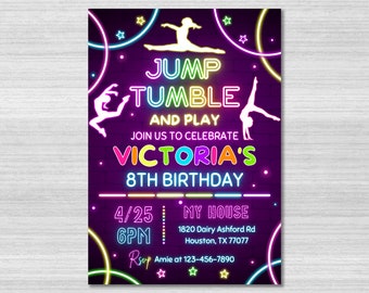 Plantilla de invitación para fiesta de gimnasia, invitación para saltar, volteretas y jugar, temática de gimnasia arcoíris para niñas, cumpleaños de volteretas
