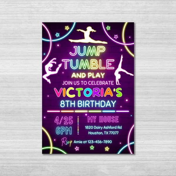 Gymnastics Party Invitation Template, Gymnastics Invitation, Jump Tumble & Play Invite, Girls Rainbow Gymnastics Theme, Tumbling Birthday