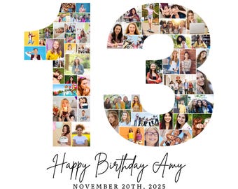Modello per collage di foto per il 13° compleanno, collage con il numero 13, 13° compleanno, regalo personalizzato per lei, 13° compleanno, collage con numeri, modello Canva