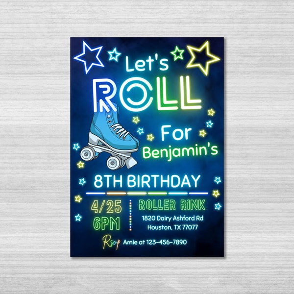 Skate Party Birthday Invitation, Party Invitation, kids, boy, Roller Skating, Retro Neon Lights, Editable Evite Template, Editable Canva