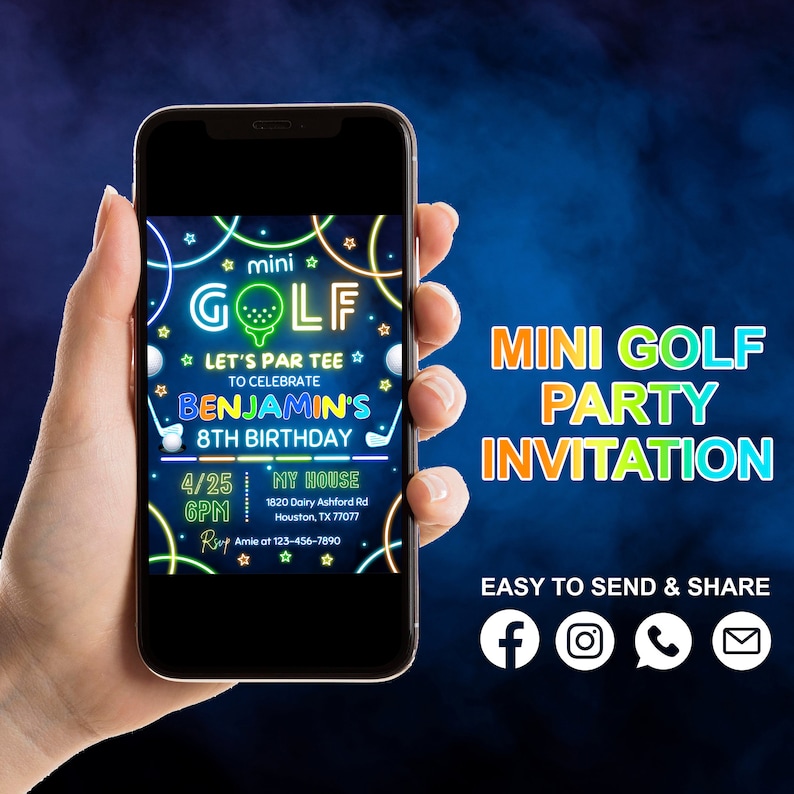 May include: A digital invitation for a mini golf party for Benjamin's 8th birthday. The invitation features a neon green, yellow, and blue design with a golf ball and the text "mini GOLF" and "LET'S PAR TEE". The invitation includes the date, time, and location of the party.