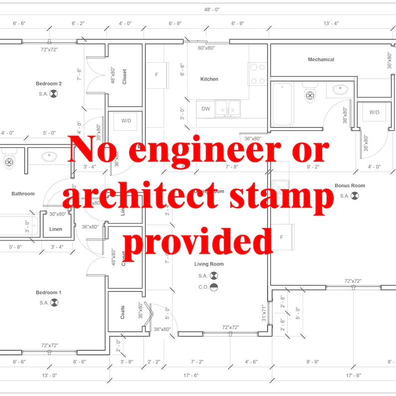May include: A black and white blueprint of a house floor plan with room labels and dimensions in feet and inches. The blueprint includes a kitchen, living room, bedrooms, bathroom, bonus room, and mechanical room. The text "No engineer or architect stamp provided" is written in red across the center of the blueprint.
