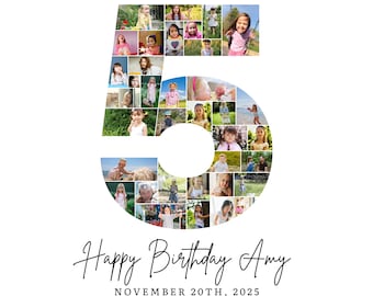 5th Birthday Photo Collage Template, Number 5 Collage, 5th Collage, Custom Gift for her, 5th Birthday, Number Collage, Canva Template