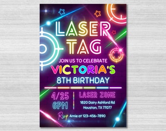 Modèle d'invitation d'anniversaire laser tag, invitation laser tag, néon lumineux, lueur arc-en-ciel, invitation laser tag, fête laser tag, toile éditable
