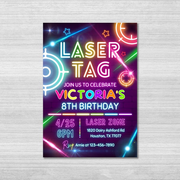 Modèle d'invitation d'anniversaire laser tag, invitation laser tag, néon lumineux, lueur arc-en-ciel, invitation laser tag, fête laser tag, toile éditable