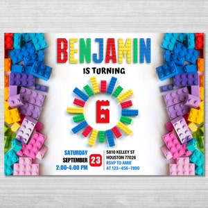 Building Blocks Birthday Invitation Template, Building Blocks Invitation, Building Block Party, Building Bricks Invite, Editable Canva