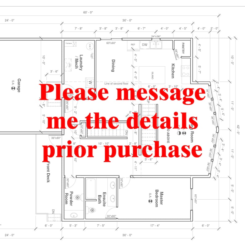 May include: A black and white floor plan of a house with a garage, kitchen, dining room, laundry room, master bedroom, ensuite bathroom, and powder room. The floor plan includes measurements in feet.