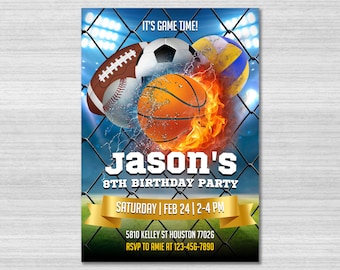 Modelo de convite de aniversário esportivo, convite esportivo, convite esportivo All Star, convite para beisebol, basquete e futebol americano, tema esportivo, Canva