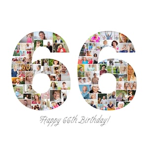 66歳の誕生日フォトコラージュテンプレート、数字66のコラージュ、66歳のコラージュ、彼女へのカスタムギフト、66歳の誕生日、数字コラージュ、Canvaテンプレート