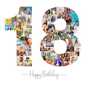 Modèle de collage photo 18e anniversaire, collage chiffre 18, collage 18e, cadeau personnalisé pour elle, 18e anniversaire, collage chiffre, modèle de toile