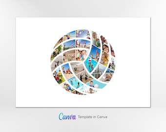 May include: A collage of photos arranged in the shape of a volleyball. The photos feature children and adults playing various sports and enjoying outdoor activities.