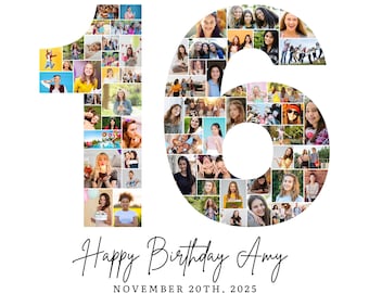 16th Birthday Photo Collage Template, Number 16 Collage, 16th Collage, Custom Gift for her, 16th Birthday, Number Collage, Canva Template