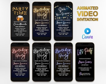 Set of 7 Birthday Video Invitation Templates, Electronic Party Evite, Any Age, Surprise Invite, Digital Party Birthday for women and men