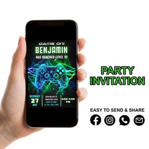 May include: A green and blue digital illustration of a video game controller with lightning bolts in the background. The text "GAME ON! BENJAMIN HAS REACHED LEVEL 10" is at the top of the image. The text "SATURDAY 27 MAY" is at the bottom left of the image. The text "5810 KELLEY ST HOUSTON 77026 RSVP TO AMIE AT 123-456-7890" is at the bottom right of the image. The text "2:00-4:00 PM" is at the bottom right of the image. The text "PARTY INVITATION" is at the top right of the image. The text "EASY TO SEND & SHARE" is at the bottom right of the image. Social media icons for Facebook, Instagram, a phone call, and an email are at the bottom right of the image.